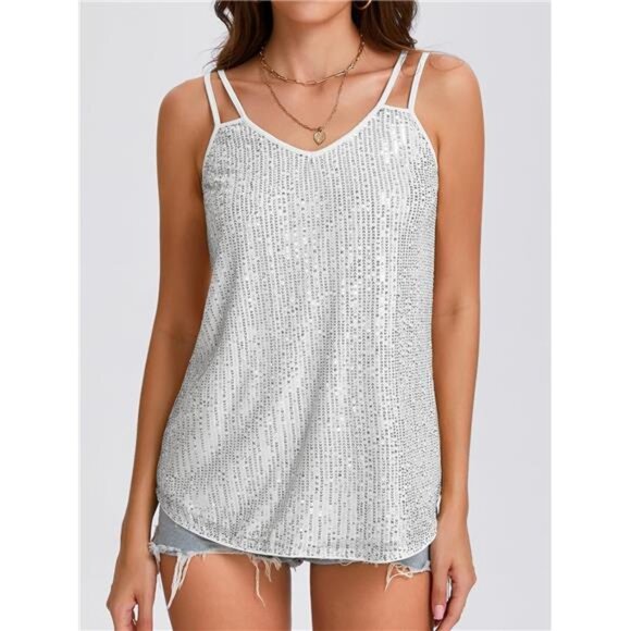 Womens Sequin Tops V Neck Tank Tops White - Picture 3 of 6
